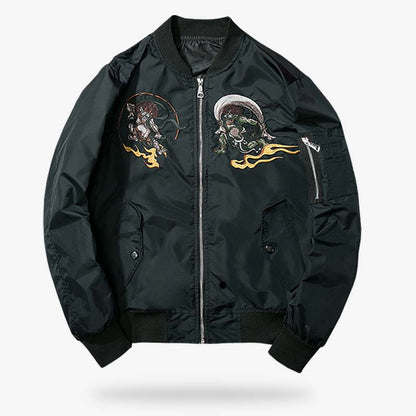 Schwarze Sukajan Bomberjacke mit gestickten Motiven von Fujin und Raijin
