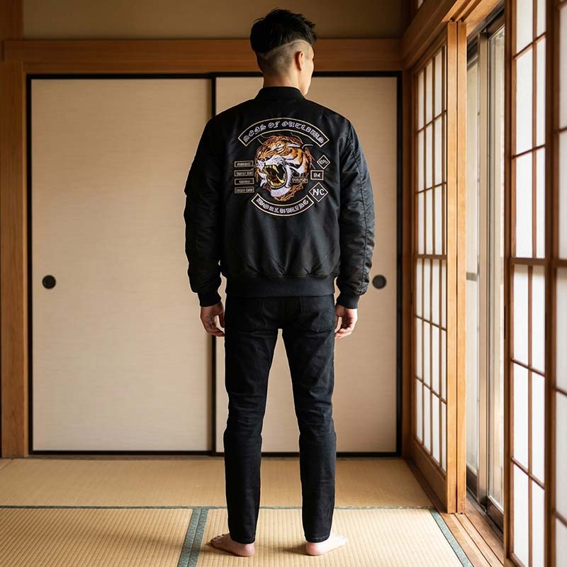 Person trägt schwarze japanische Bomberjacke mit Tiger-Emblem in traditionellem japanischen Raum