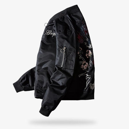 Schwarze bestickte Sukajan Jacke im Harajuku Bomber Stil mit Reißverschluss