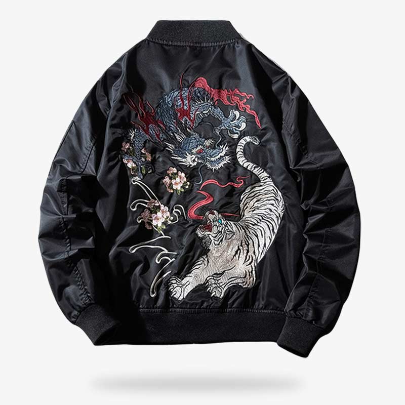 Schwarze Sukajan Jacke mit gestickten Drachen und Tiger Motiven