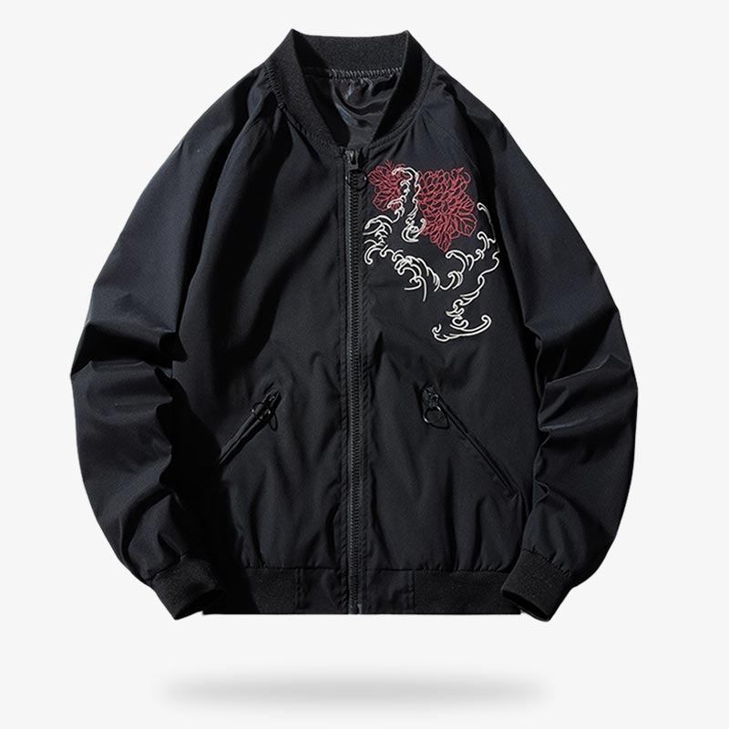 Japanische Souvenirjacke am Rücken und Blütenmotiv vorne