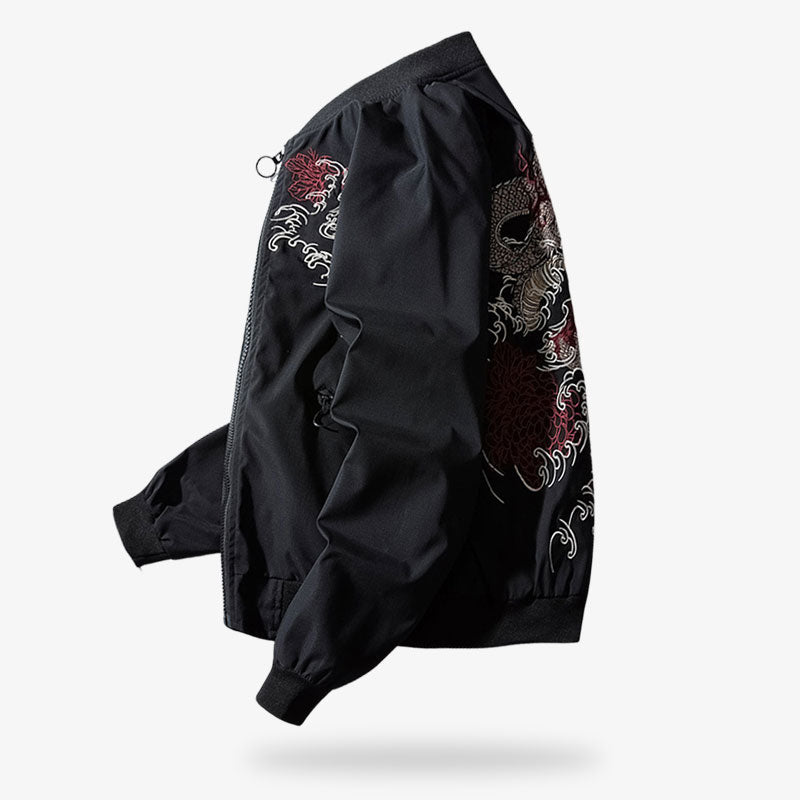 Schwarze Sukajan Jacke für Herren mit Drachen-Stickerei
