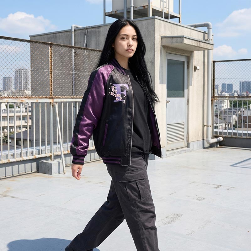 Frau trägt lila Sukajan Jacke auf einem Schuldach mit Tokio im Hintergrund