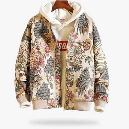 Sukajan Bomberjacke mit Naturmotiven im traditionellen japanischen Stickstil