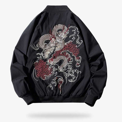 Leichte schwarze Sukajan Jacke mit langen Ärmeln und Stickerei