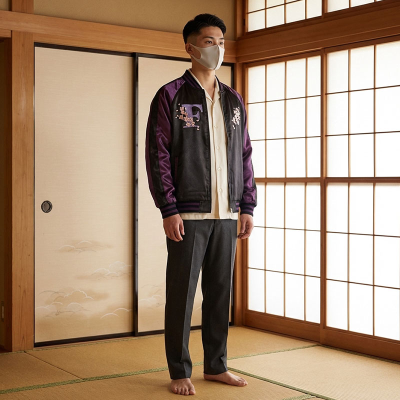 Mann trägt violette Sukajan Jacke mit Blumenmuster in traditionellem japanischen Raum
