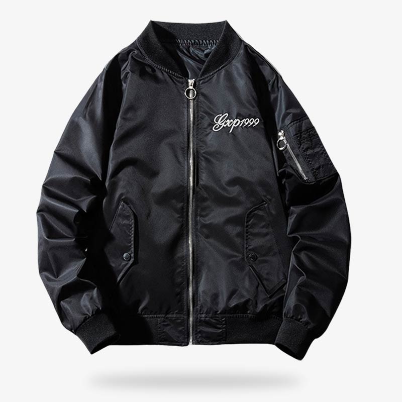 Schwarze Sukajan Jacke mit langen Ärmeln, drei Taschen und Reißverschluss