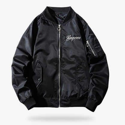 Schwarze Sukajan Jacke mit langen Ärmeln, drei Taschen und Reißverschluss