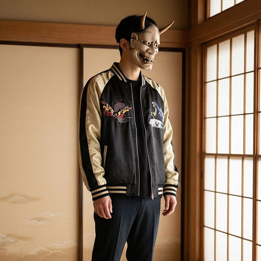 Sukajan Jacke Souvenir zeigt Godzilla Motiv auf der Rückseite der Jacke