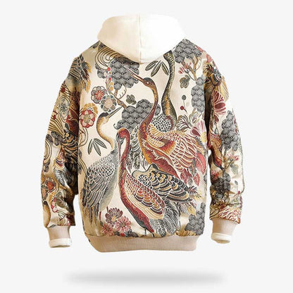 Bestickte Souvenir Bomberjacke mit Tiermotiven und floralen Naturmustern in Weiß