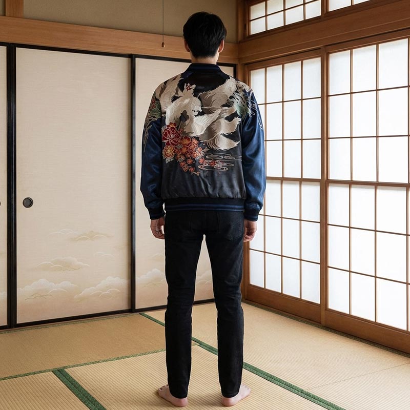 Person trägt traditionelle Sukajan Jacke mit detailreichem Muster in einem Raum mit Tatami-Matten