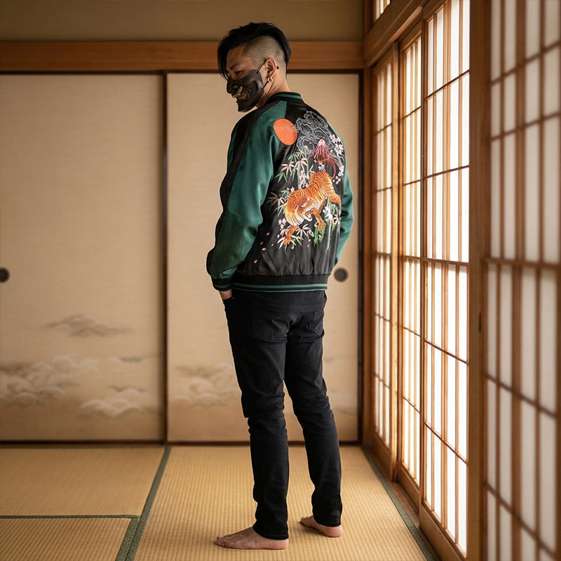 Person trägt grüne Sukajan Jacke mit Tigermotiv in traditionellem japanischem Raum