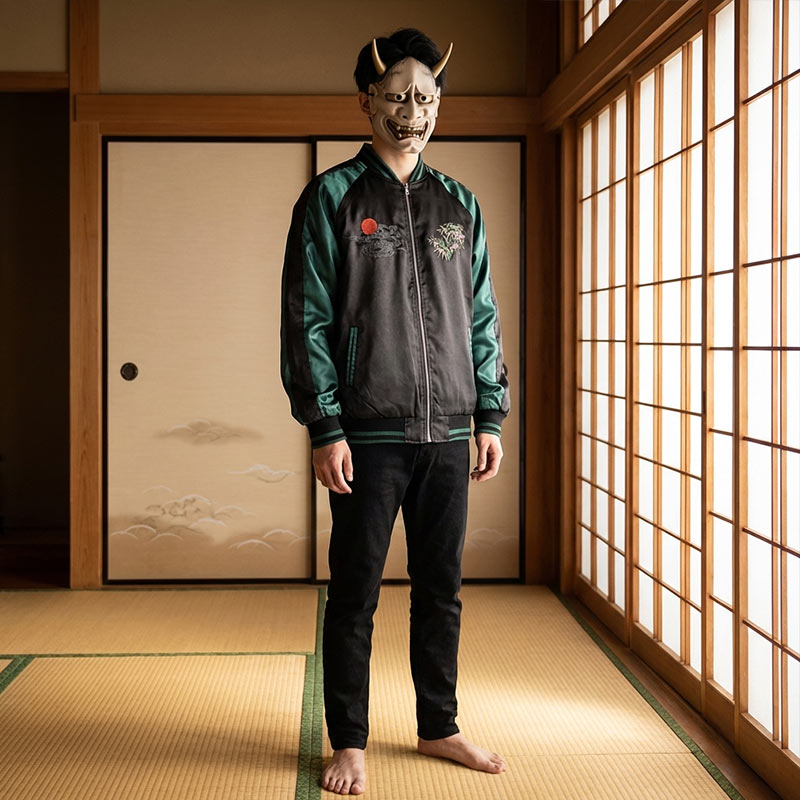Person trägt traditionelle japanische Maske und grüne Souvenirjacke in einem Washitsu-Raum mit Holzboden