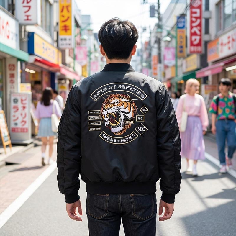 Person trägt schwarze Sukajan Jacke mit Tiger-Motiv in urbaner japanischer Straßenszene