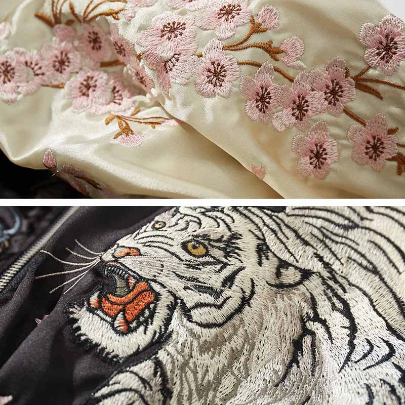 Tigermotiv mit Sakura Blüten auf der Sukajan Jacke steht für Stärke und Kraft