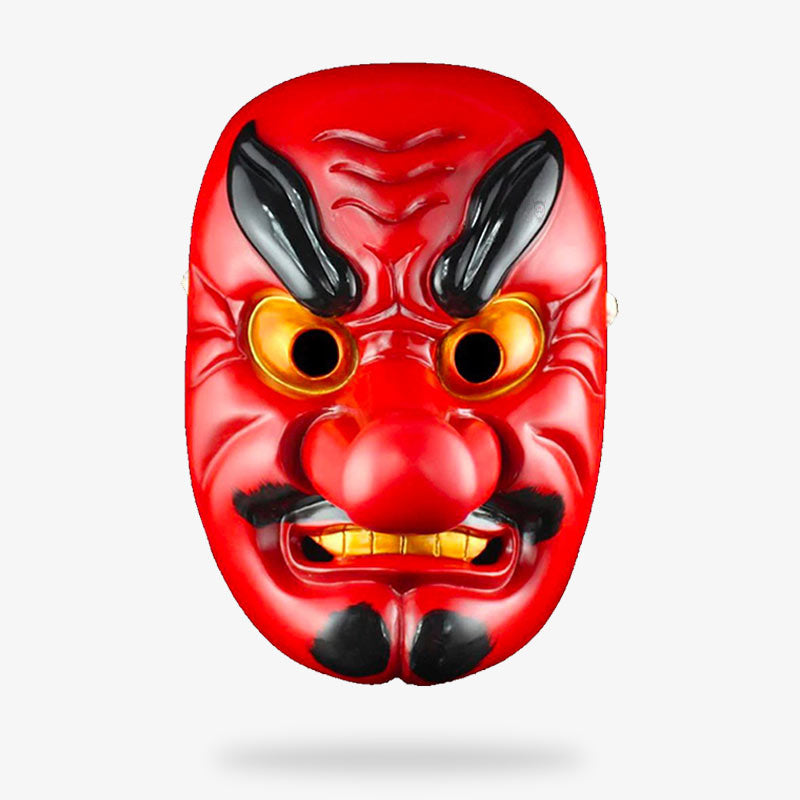 Rote Tengu Maske mit strengem Blick und markanter langer Nase