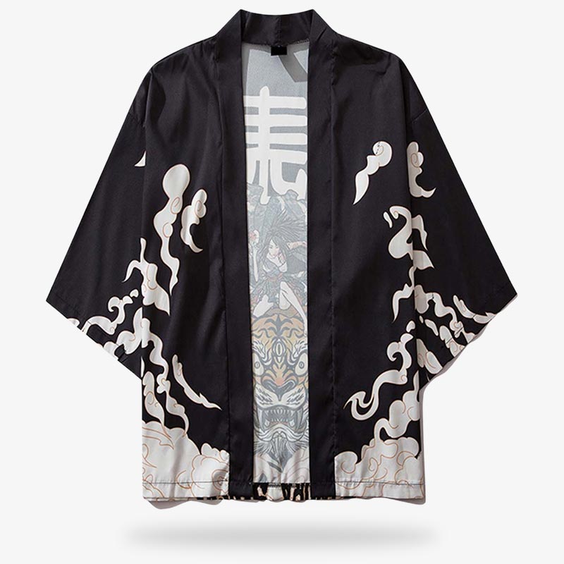 Detailansicht der schwarzen Tiger Kimono Jacke mit Tigermuster