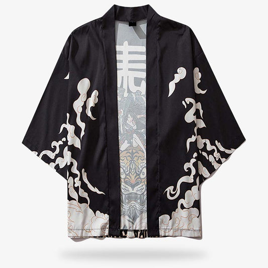 Detailansicht der schwarzen Tiger Kimono Jacke mit Tigermuster