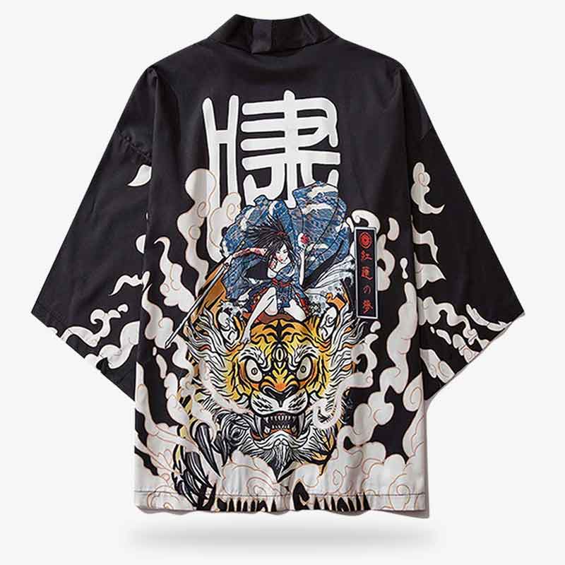 Tiger Kimono Jacke mit Samurai-Frau, Kanji und dreiäugigem Tiger