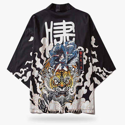 Tiger Kimono Jacke mit Samurai-Frau, Kanji und dreiäugigem Tiger