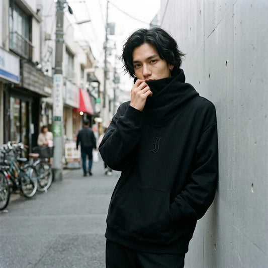 Schwarzer Streetwear-Hoodie aus Tokio, getragen mit hochgezogenem Kragen über dem unteren Gesicht vor einer Wand