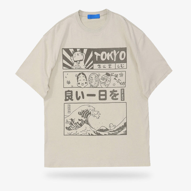 Beiges Baumwoll T-Shirt mit Maneki Neko, Kanji und Great Wave Motiv bedruckt