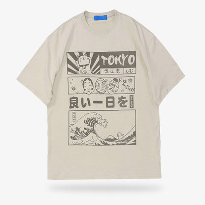 Beiges Baumwoll T-Shirt mit Maneki Neko, Kanji und Great Wave Motiv bedruckt