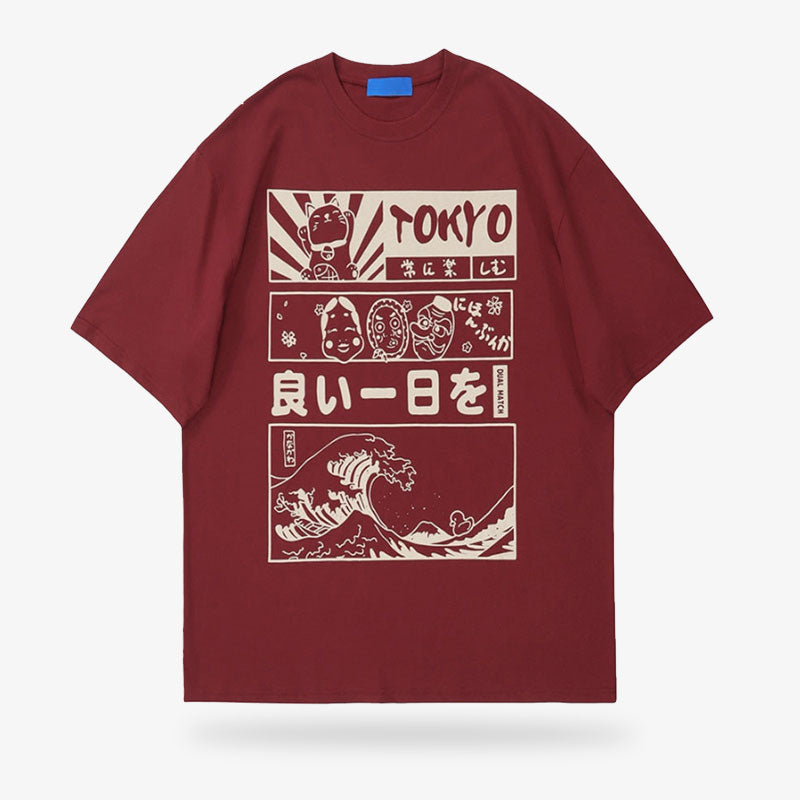 Tokyo T-Shirt mit Kanji, Great Wave, Noh Maske und Maneki Neko bedruckt