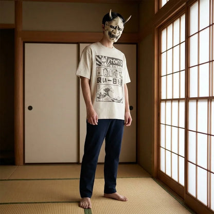 Nahaufnahme des Tokyo T-Shirts mit Maneki Neko und Kanji Motiv