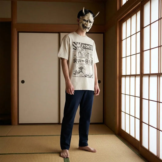 Nahaufnahme des Tokyo T-Shirts mit Maneki Neko und Kanji Motiv