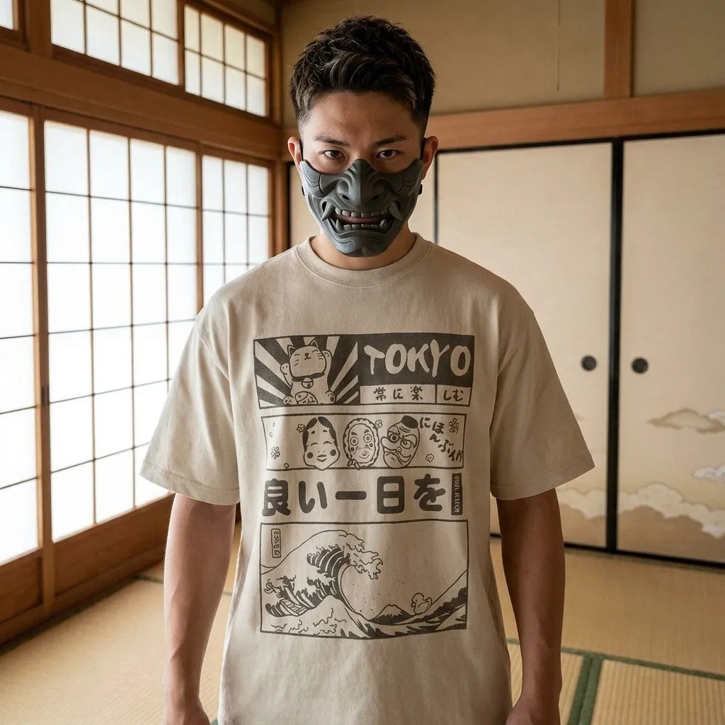 Cremefarbenes Tokyo T-Shirt mit Kanji Print in urbaner Umgebung von vorne getragen