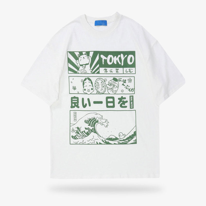 Weißes Tokyo T-Shirt aus Baumwolle mit Kanji und Great Wave Aufdruck