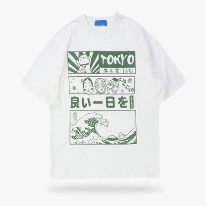Weißes Tokyo T-Shirt aus Baumwolle mit Kanji und Great Wave Aufdruck