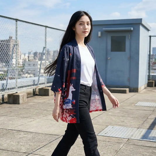 Haori Jacke mit Torii-Toren, wiederholtes Muster auf den unteren Bahnen, auf einem Dach fotografiert