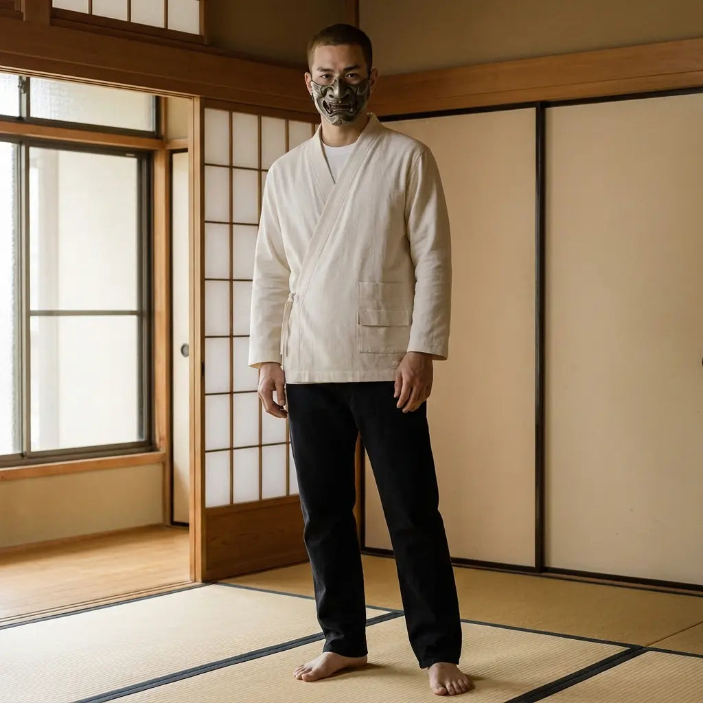 Mann trägt japanisches Samue Hemd als traditionelle Arbeitskleidung, Frontalansicht