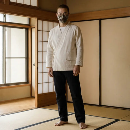 Mann trägt japanisches Samue Hemd als traditionelle Arbeitskleidung, Frontalansicht
