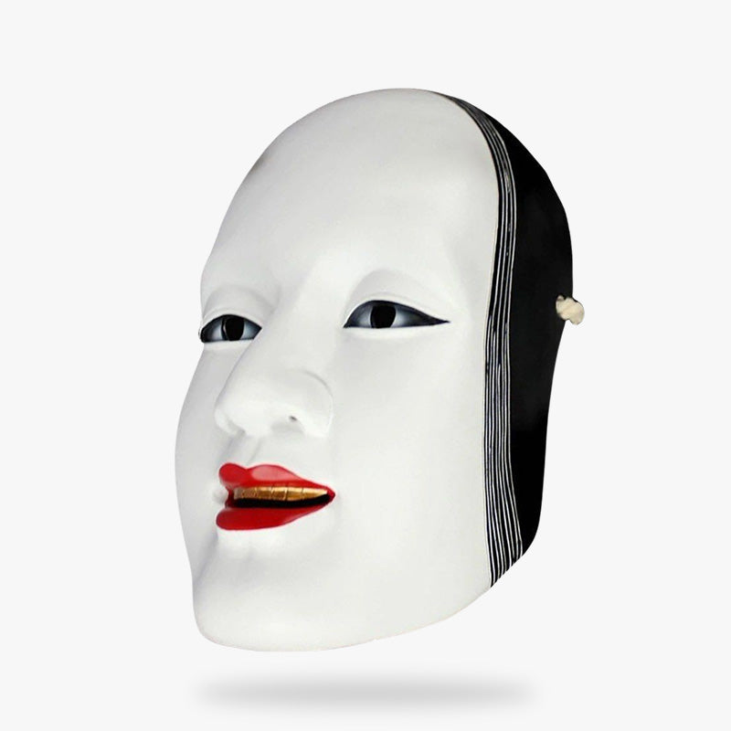 Traditionelle weiße Noh-Maske mit rotem Lippenstift für das japanische Theater