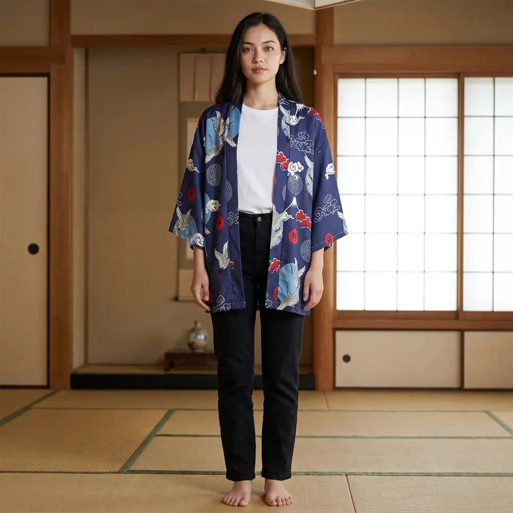 Tsuru Kimono Jacke in Marineblau mit Kranich-Motiv, offen getragen im Tatami-Raum