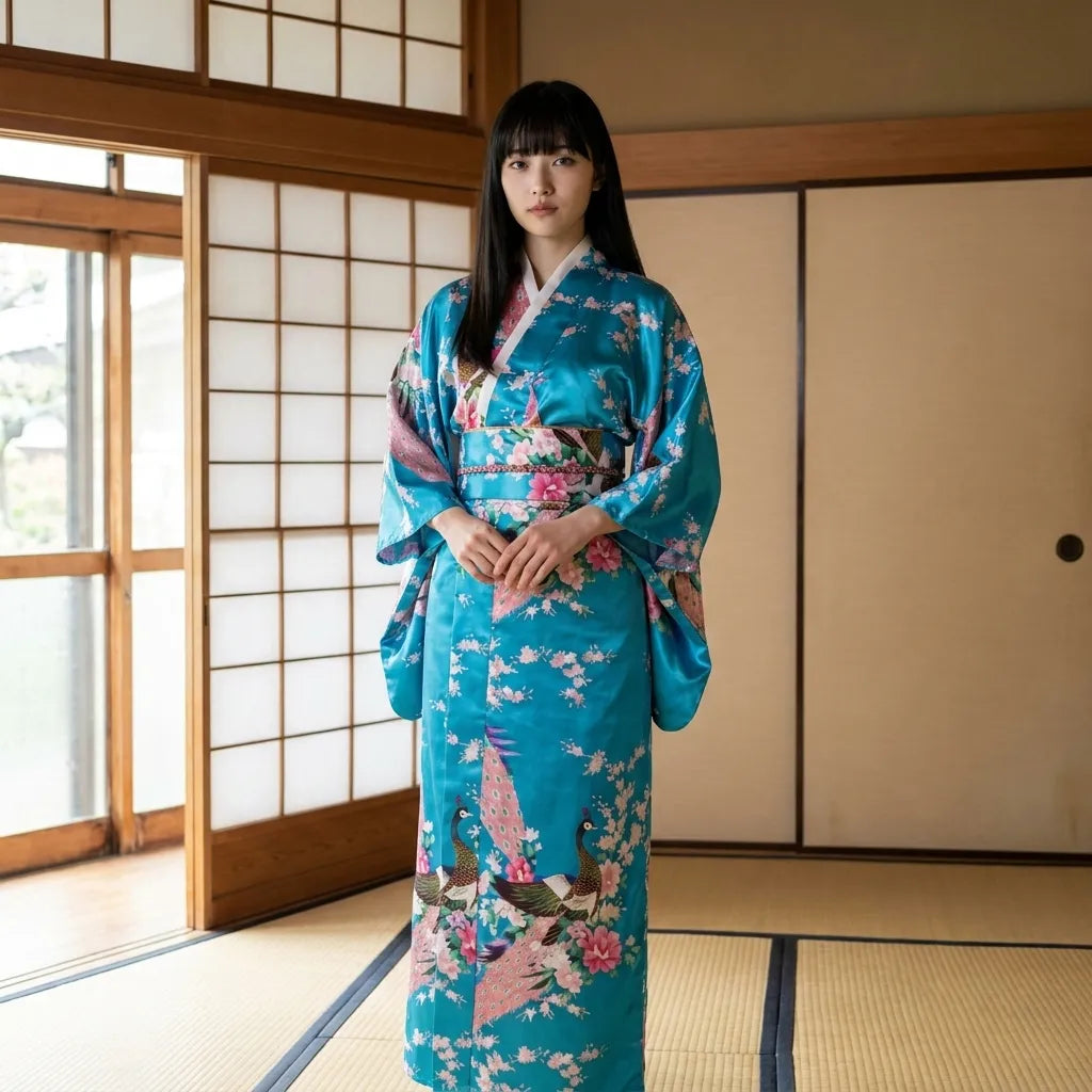 Türkises Kimono Kleid mit Pfaumotiv und langer Robensilhouette von vorne