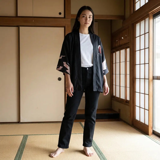 Offen getragene Kimono Jacke mit Ukiyo-e-Portrait über den gesamten Rücken