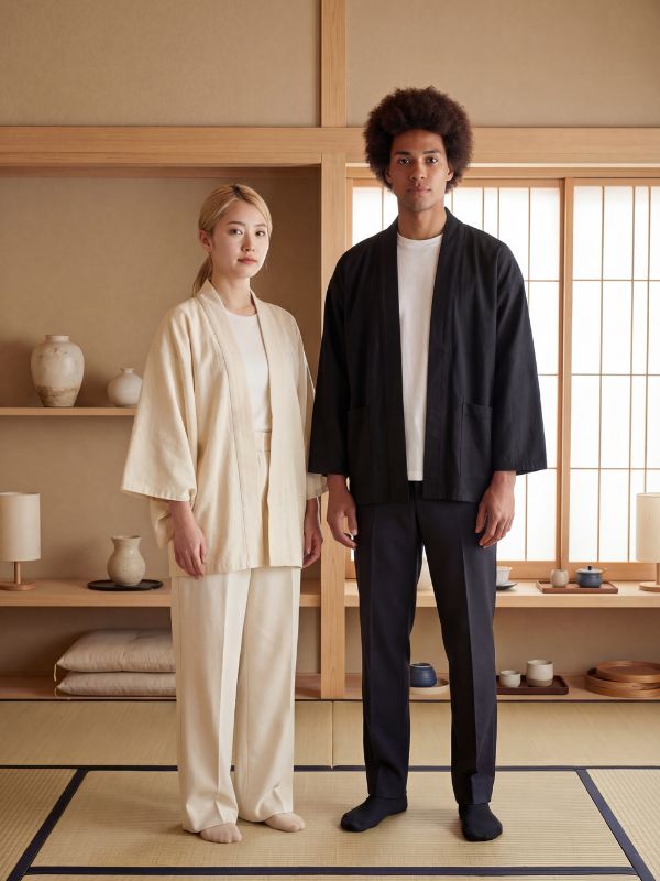 Zwei Personen in japanischer Kleidung in einem traditionellen Raum
