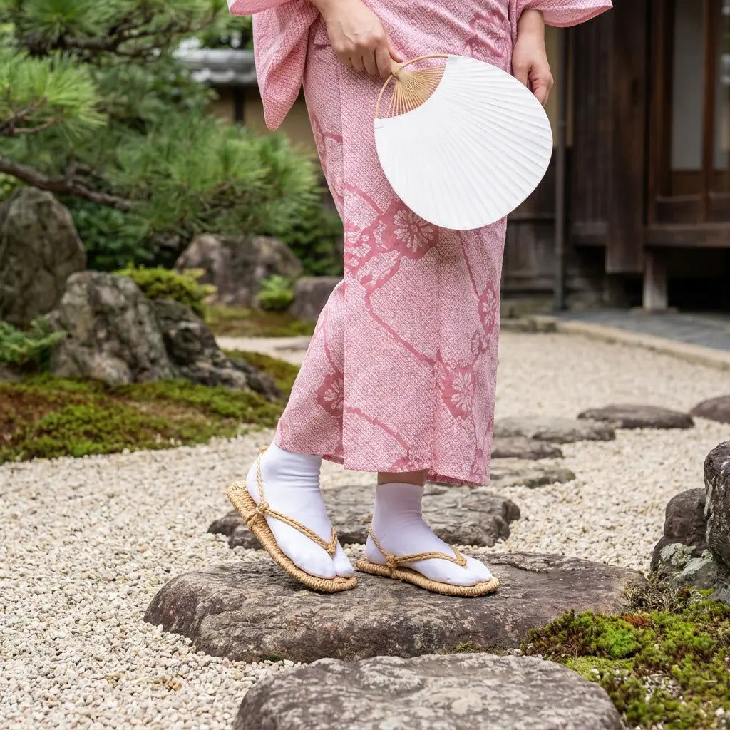 Waraji Sandalen zu einem rosa Kimono in einem japanischen Garten getragen