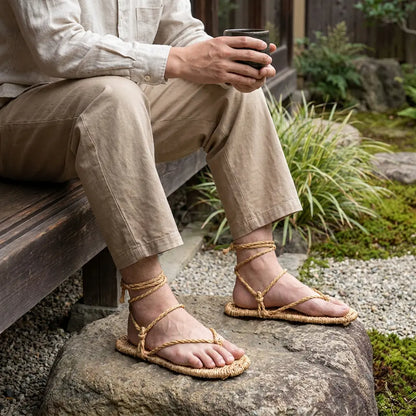 Waraji Sandalen mit weißen Tabi-Socken, getragen von einem sitzenden Mann im japanischen Garten