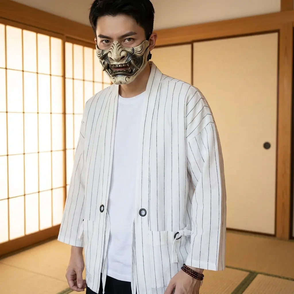 Mann trägt weiße Haori Jacke in japanischem Zimmer mit Shoji-Schiebetüren