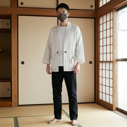 Mann trägt weiße Haori Jacke in traditionellem japanischen Wohnraum, Frontalansicht