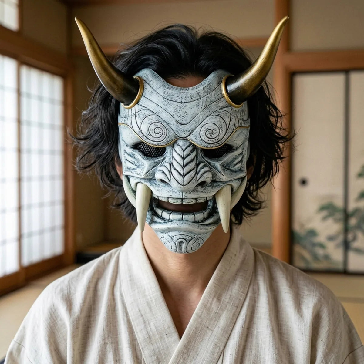 Weiße Oni Maske mit goldenen Hörnern und Fangzähnen in traditionellem Tatami-Zimmer