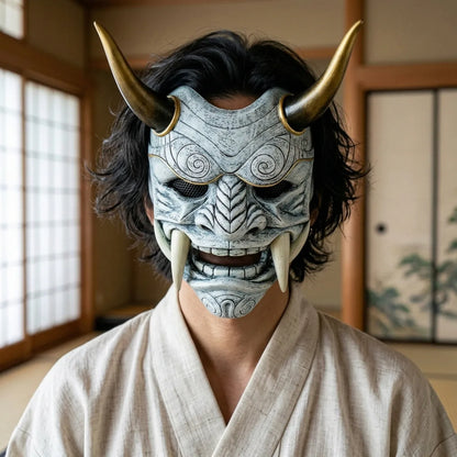 Weiße Oni Maske mit goldenen Hörnern und Fangzähnen in traditionellem Tatami-Zimmer