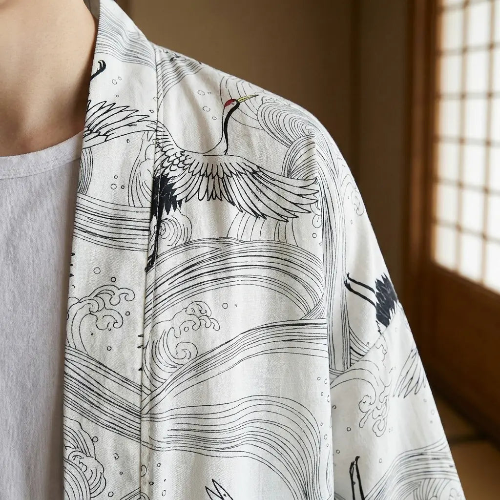 Nahaufnahme des bedruckten Stoffs und Ärmels des weißen Haori Kimono