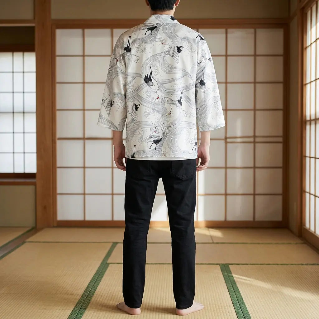 Rückansicht des weißen Haori Kimono mit vollständigem Rückenmotiv im Tatami-Zimmer