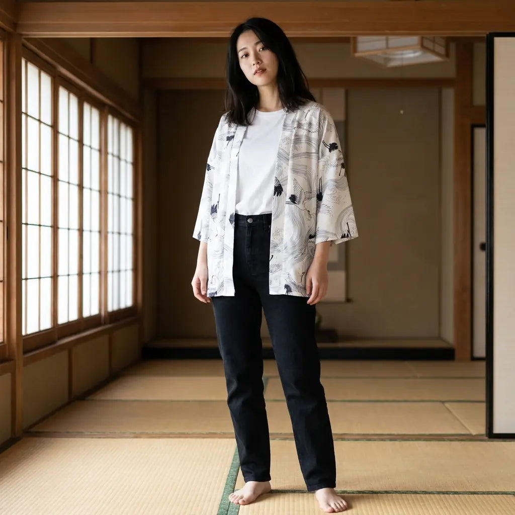 Frau trägt weißen Haori Kimono im Tatami-Zimmer mit Shoji-Schiebetüren